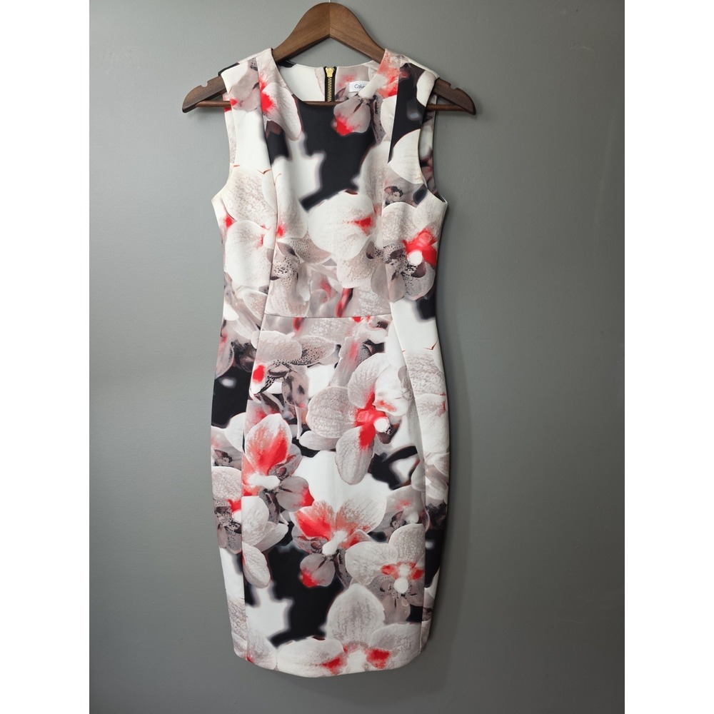 Calvin Klein Dress Floral Orchids Print Cocktail Office Knee Length Fit Sheath 4